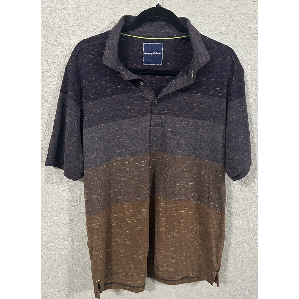 Tommy Bahama Men Large Polo Shirt Space Dyed Colorblock Striped Short Sleeve